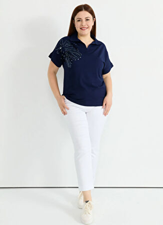 Selen Gömlek Yaka Payetli Lacivert Kadın Bluz 25YSL8076-BB