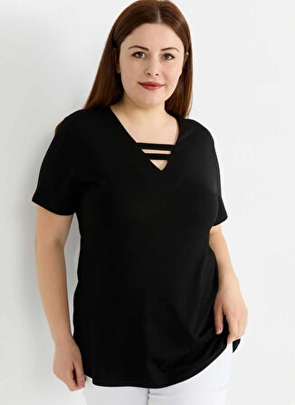 Selen V Yaka Düz Siyah Bluz 25YSL8104-BB