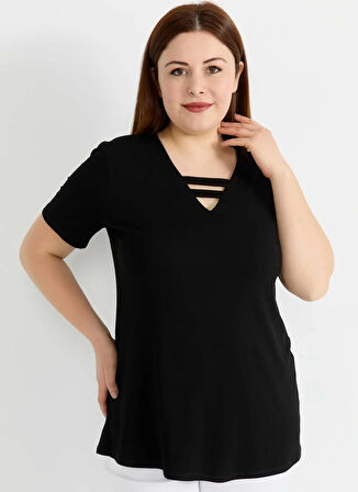 Selen V Yaka Düz Siyah Bluz 25YSL8104-BB