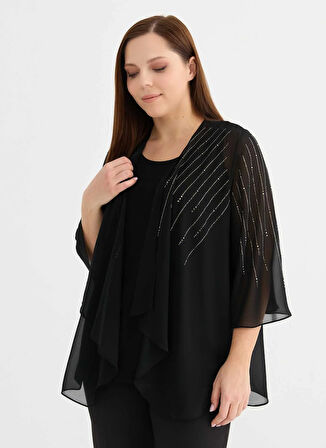 Selen O Yaka Taşlı Siyah Kadın Bluz 25YSL8099