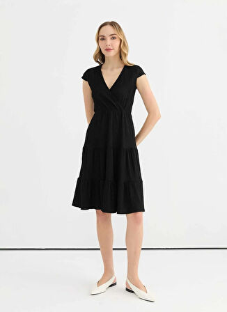 Selen Kruvaze Yaka Desenli Siyah Standart Kadın Elbise 25YSL7638
