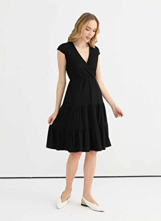 Selen Kruvaze Yaka Desenli Siyah Standart Kadın Elbise 25YSL7638