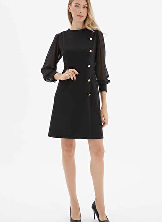 Selen Yuvarlak Yaka Düz Siyah Standart Kadın Elbise 25YSL7634
