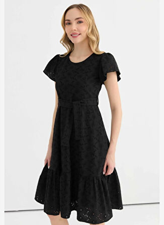 Selen O Yaka Desenli Siyah Standart Kadın Elbise 25YSL7622