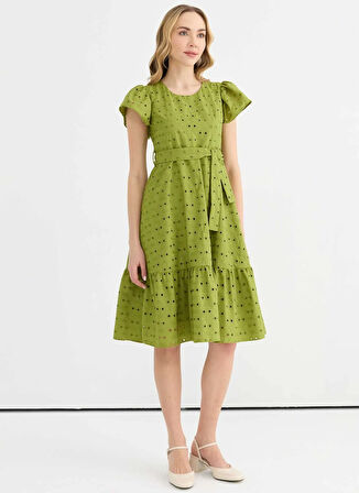 Selen O Yaka Desenli Yeşil Standart Kadın Elbise 25YSL7622