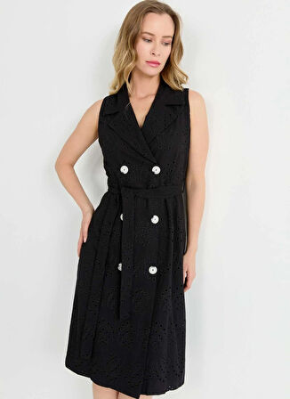 Selen Kruvaze Yaka Desenli Siyah Standart Kadın Elbise 25YSL7630