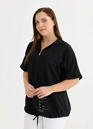 Selen Kapüşon Yaka Taşlı Siyah Kadın Bluz 25YSL8147-BB