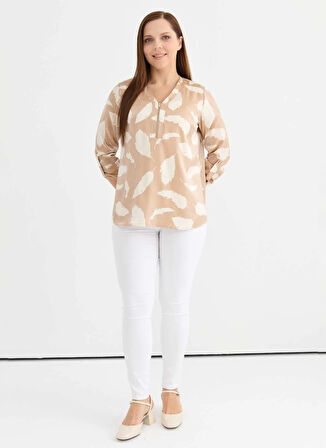 Selen V Yaka Emprime Bej Kadın Bluz 25YSL8131