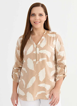 Selen V Yaka Emprime Bej Kadın Bluz 25YSL8131