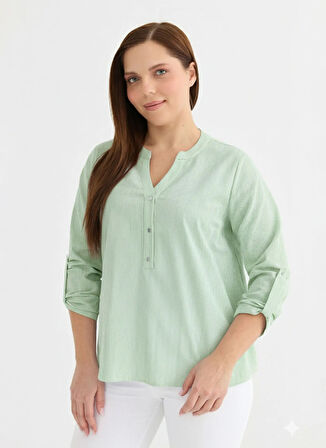 Selen V Yaka Çizgili Yeşil Kadın Bluz 25YSL8143