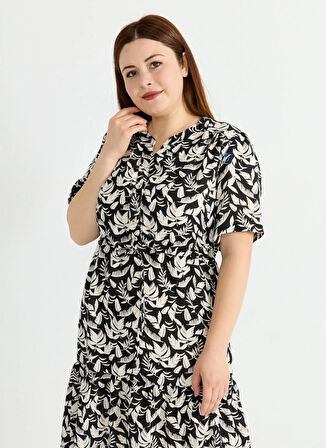Selen V Yaka Desenli Siyah Standart Kadın Elbise 25YSL7601