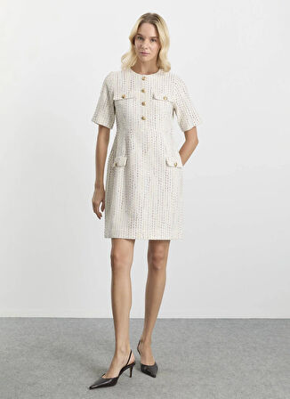 Selen O Yaka Simli Ekru Standart Kadın Elbise 25KSL7700