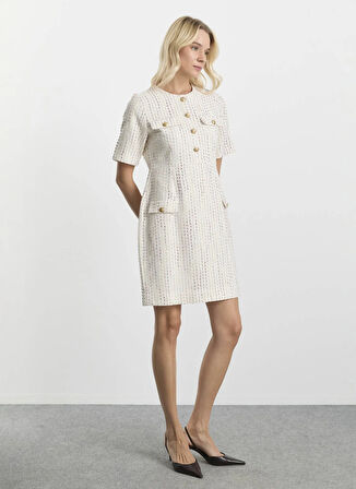 Selen O Yaka Simli Ekru Standart Kadın Elbise 25KSL7700