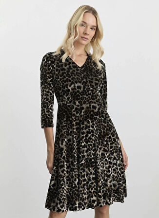 Selen V Yaka Leopar Desenli Siyah Standart Kadın Elbise 25KSL7701