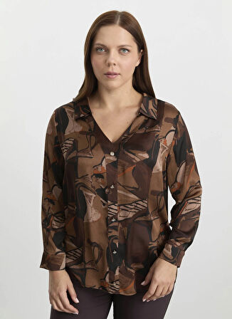 Selen Polo Yaka Emprime Kahve Kadın Bluz 25KSL8200