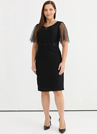 Selen V Yaka Simli Siyah Standart Kadın Elbise 25YSL7645-BB