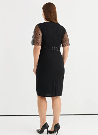 Selen V Yaka Simli Siyah Standart Kadın Elbise 25YSL7645-BB