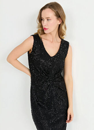 Selen V Yaka Taşlı Siyah Standart Kadın Elbise 25YSL7650