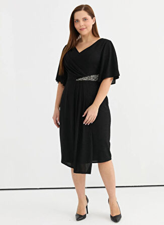 Selen V Yaka Taşlı Siyah Standart Kadın Elbise 25YSL7651-BB
