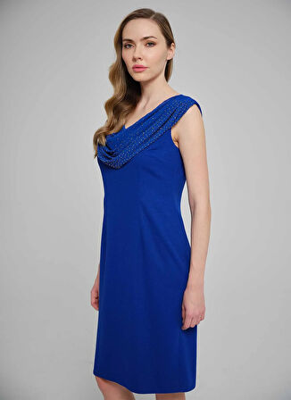 Selen Degaje Yaka Taşlı Saks Standart Kadın Elbise 25YSL7644