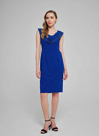 Selen Degaje Yaka Taşlı Saks Standart Kadın Elbise 25YSL7644