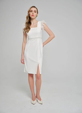 Selen U Yaka Taşlı Beyaz Standart Kadın Elbise 25YSL7643