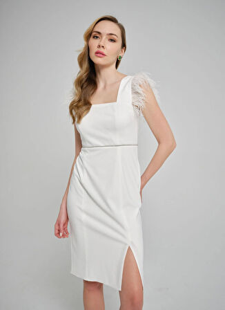 Selen U Yaka Taşlı Beyaz Standart Kadın Elbise 25YSL7643