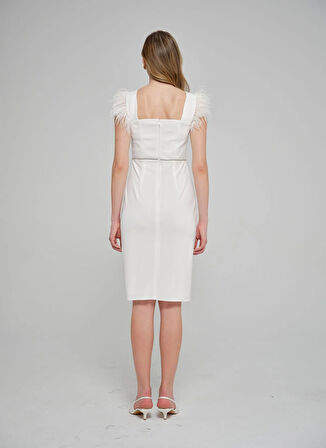 Selen U Yaka Taşlı Beyaz Standart Kadın Elbise 25YSL7643