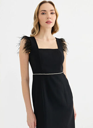 Selen U Yaka Taşlı Siyah Standart Kadın Elbise 25YSL7643