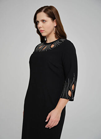 Selen O Yaka Taşlı Siyah Standart Kadın Elbise 25YSL7652-BB