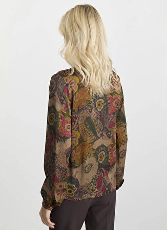 Selen Şal Yaka Emprime Kahve Kadın Bluz 25KSL8202