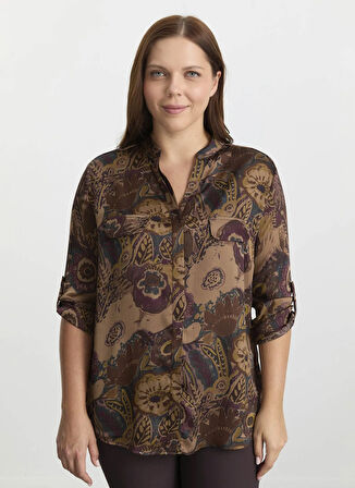 Selen Hakim Yaka Çiçek Desenli Kahve Kadın Bluz 25KSL8205
