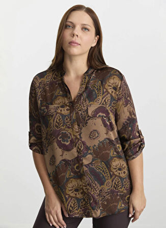 Selen Hakim Yaka Çiçek Desenli Kahve Kadın Bluz 25KSL8205