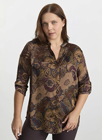 Selen Hakim Yaka Çiçek Desenli Kahve Kadın Bluz 25KSL8205