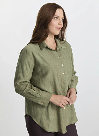 Selen Gömlek Yaka Desenli Haki Kadın Bluz 25KSL8206