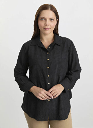 Selen Gömlek Yaka Desenli Siyah Kadın Bluz 25KSL8206