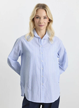 Selen Polo Yaka Çizgili Mavi Kadın Bluz 25KSL8207