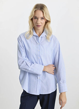 Selen Polo Yaka Çizgili Mavi Kadın Bluz 25KSL8207