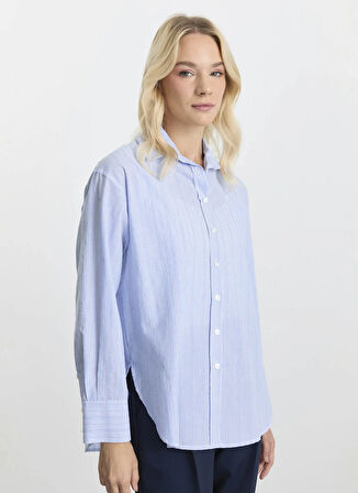 Selen Polo Yaka Çizgili Mavi Kadın Bluz 25KSL8207