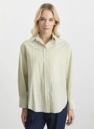 Selen Polo Yaka Çizgili Yeşil Kadın Bluz 25KSL8207