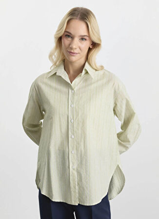 Selen Polo Yaka Çizgili Yeşil Kadın Bluz 25KSL8207