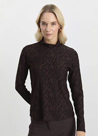 Selen Balıkçı Yaka Baskılı Kahve Kadın Bluz 25KSL8210