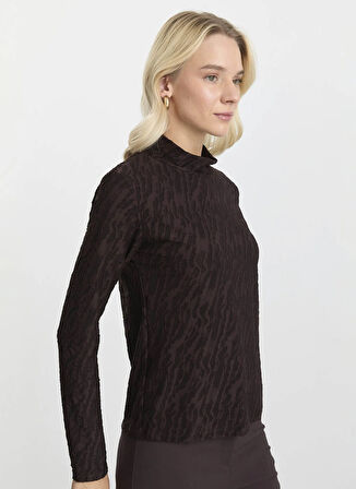 Selen Balıkçı Yaka Baskılı Kahve Kadın Bluz 25KSL8210