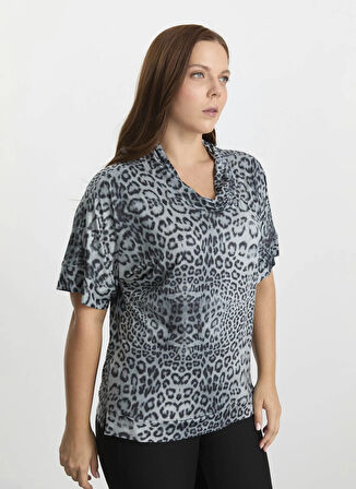 Selen Degaje Yaka Leopar Desenli Gri Kadın Bluz 25KSL8208