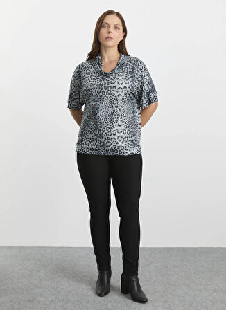 Selen Degaje Yaka Leopar Desenli Gri Kadın Bluz 25KSL8208