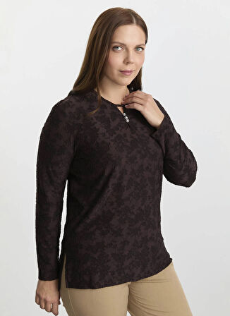 Selen Bisiklet Yaka Desenli Kahve Kadın Bluz 25KSL8209