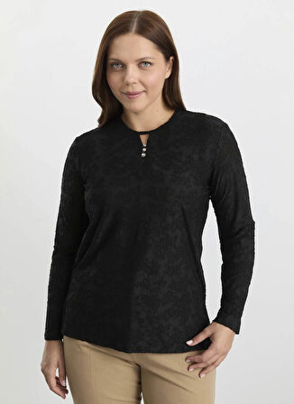 Selen Bisiklet Yaka Desenli Siyah Kadın Bluz 25KSL8209