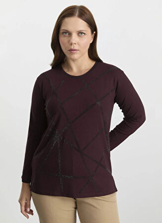 Selen Bisiklet Yaka Taşlı Bordo Kadın Bluz 25KSL8211