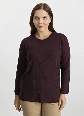 Selen Bisiklet Yaka Taşlı Bordo Kadın Bluz 25KSL8211