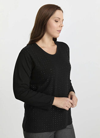 Selen Bisiklet Yaka Taşlı Siyah Kadın Bluz 25KSL8212